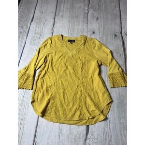 Gretty Zueger Mustard Yellow Embroidered Cotton Tunic Top Crochet Sleeve Medium
